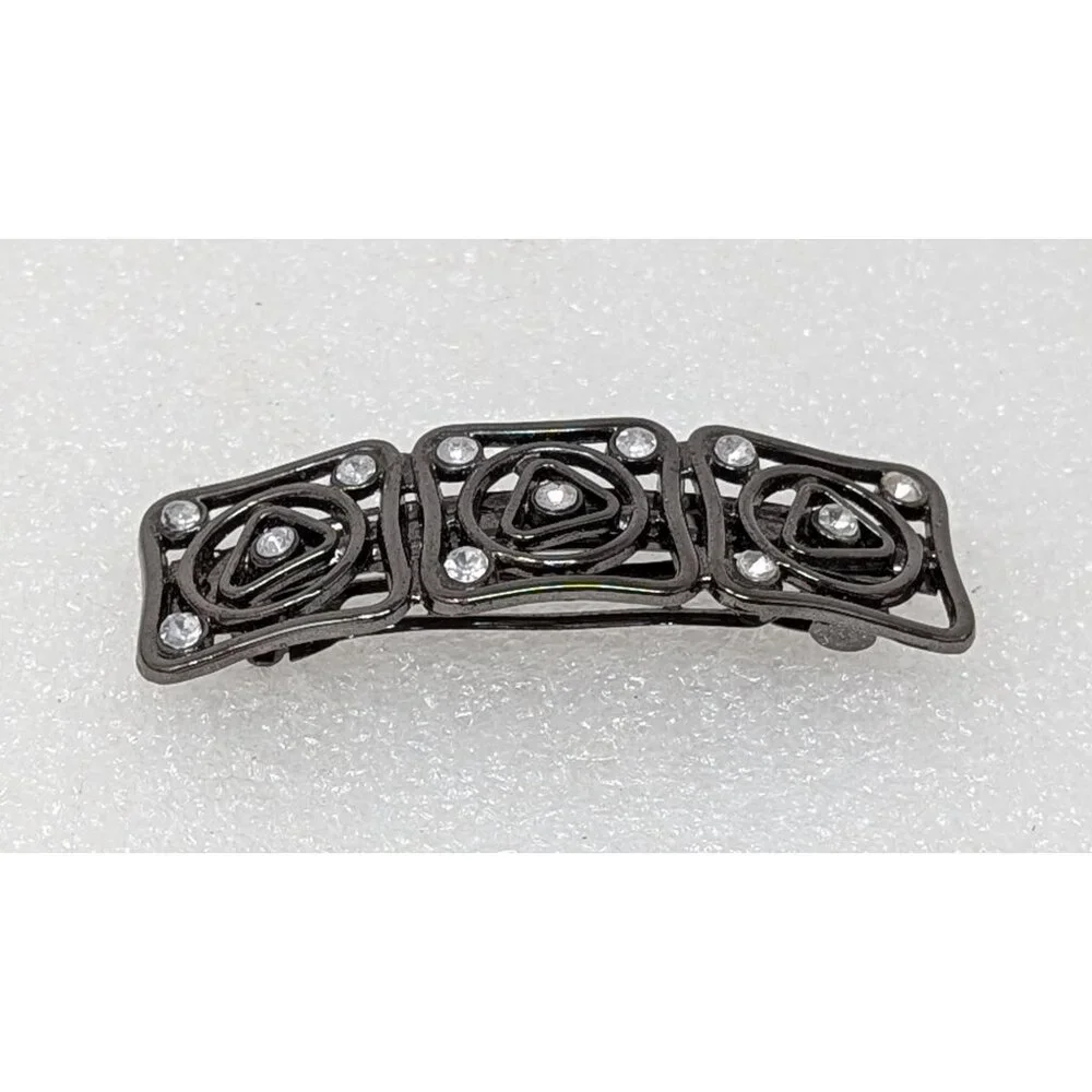 Vintage Metal Hair Clip With White Rhinestones 3 1/8